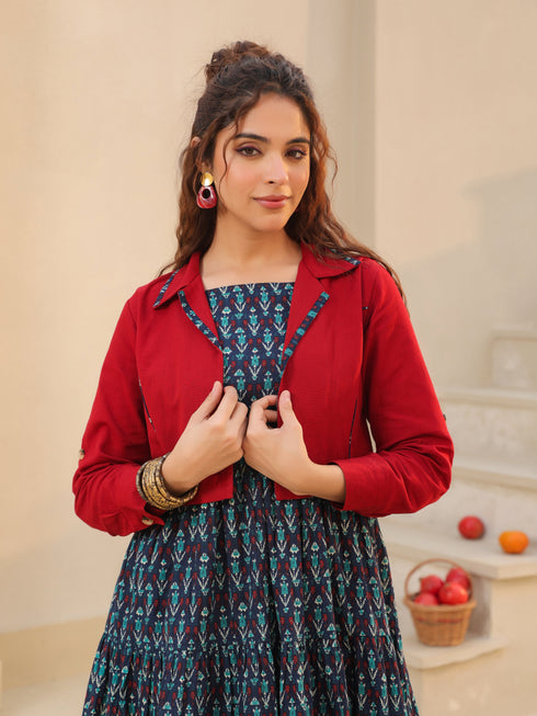 Women Ethnic Motifs Printed Fit & Flare Dress With Jacket